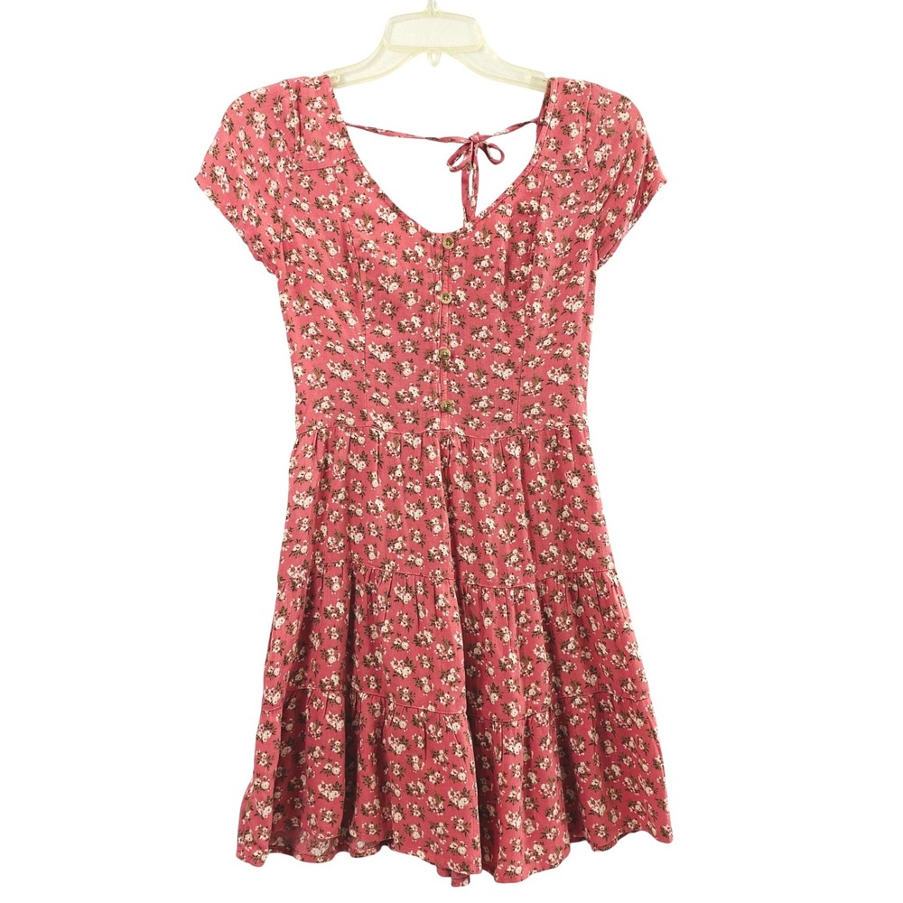 Hollister Dress Womens XS Pink Floral Tiered Peasant Boho Cottage Smocked‎ Back
